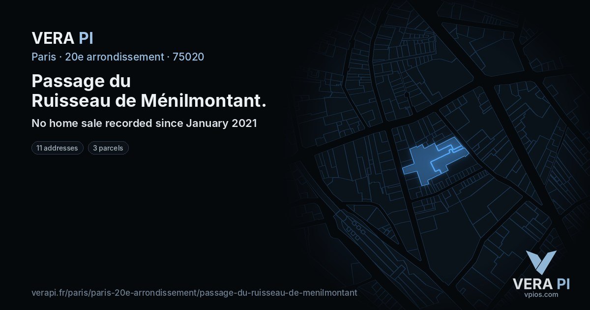 Passage du Ruisseau de Ménilmontant, 20e arrondissement at night – every parcel coloured by the prices around it, the street's own parcels lit