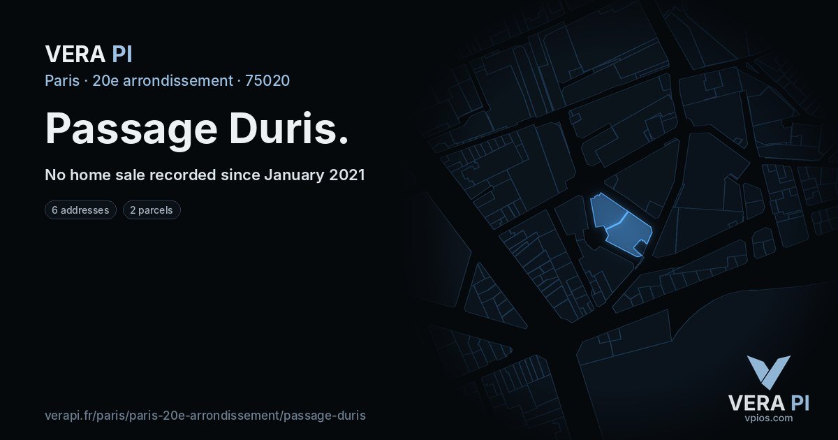 Passage Duris, 20e arrondissement at night – every parcel coloured by the prices around it, the street's own parcels lit