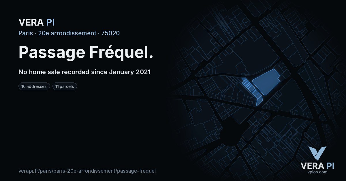 Passage Fréquel, 20e arrondissement at night – every parcel coloured by the prices around it, the street's own parcels lit