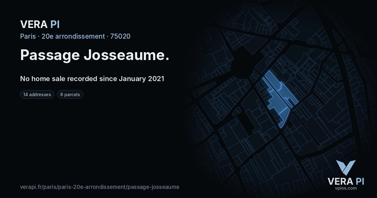 Passage Josseaume, 20e arrondissement at night – every parcel coloured by the prices around it, the street's own parcels lit