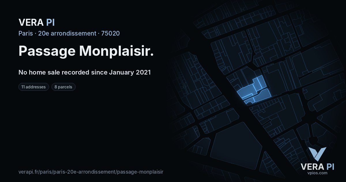 Passage Monplaisir, 20e arrondissement at night – every parcel coloured by the prices around it, the street's own parcels lit