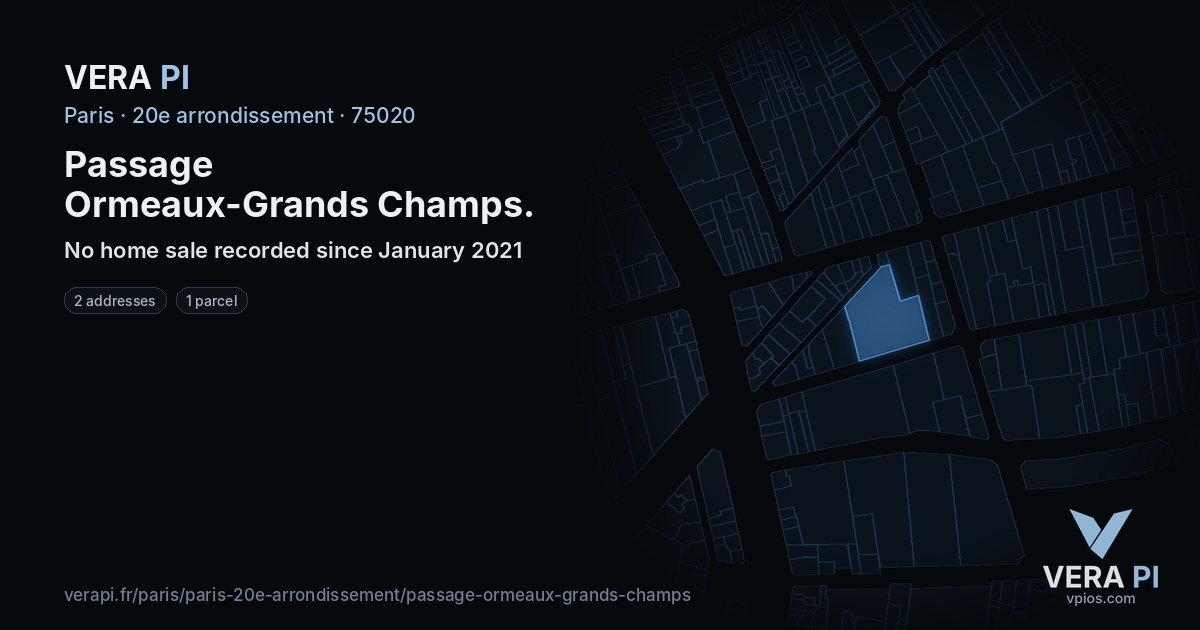 Passage Ormeaux-Grands Champs, 20e arrondissement at night – every parcel coloured by the prices around it, the street's own parcels lit