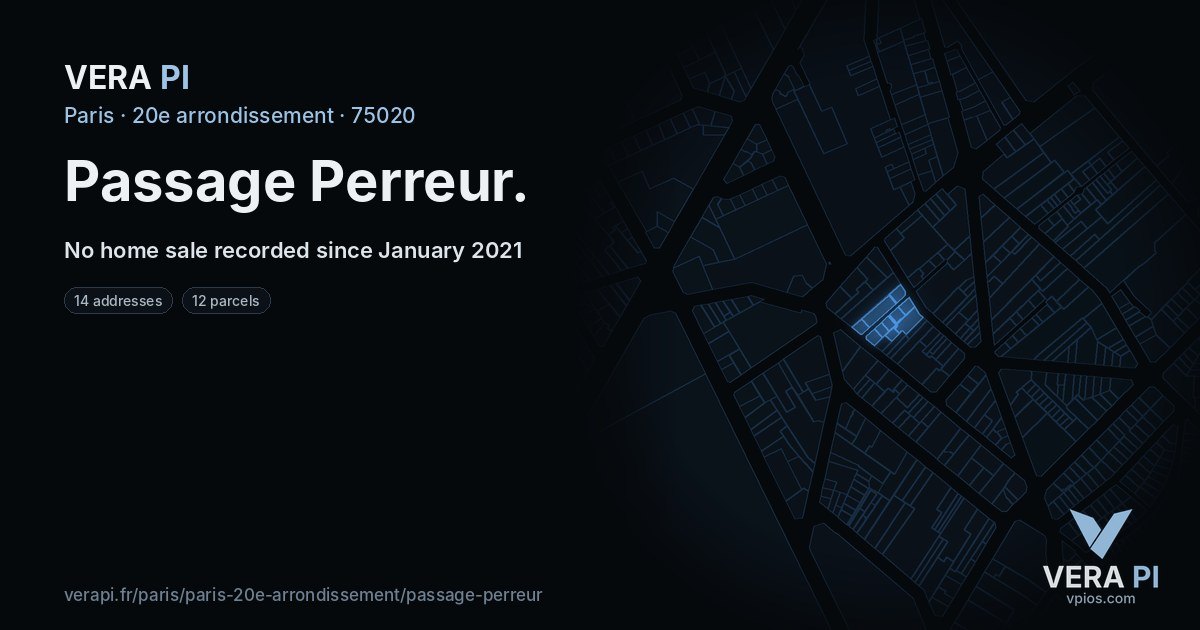 Passage Perreur, 20e arrondissement at night – every parcel coloured by the prices around it, the street's own parcels lit