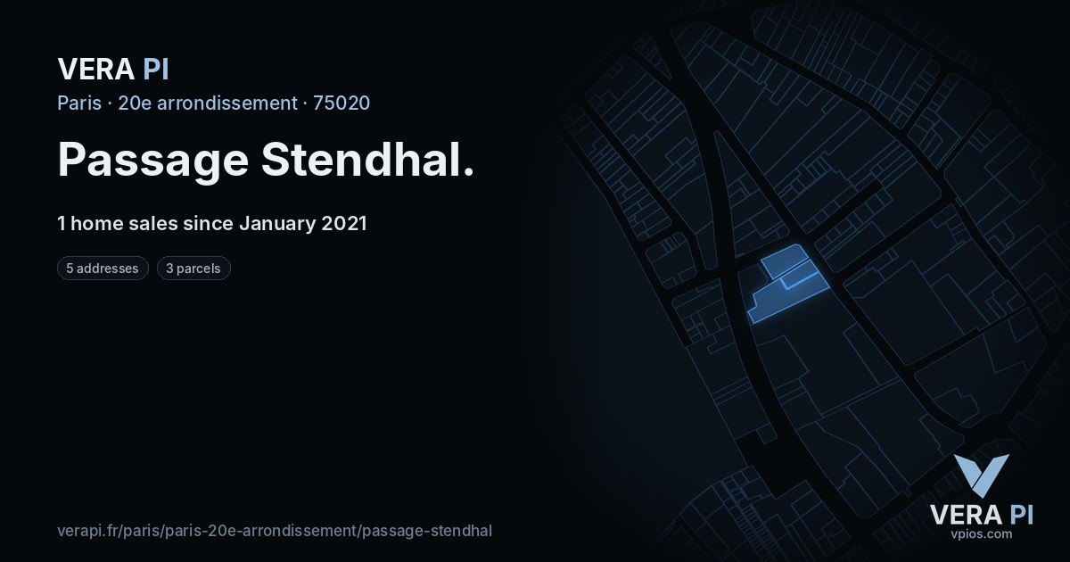 Passage Stendhal, 20e arrondissement at night – every parcel coloured by the prices around it, the street's own parcels lit