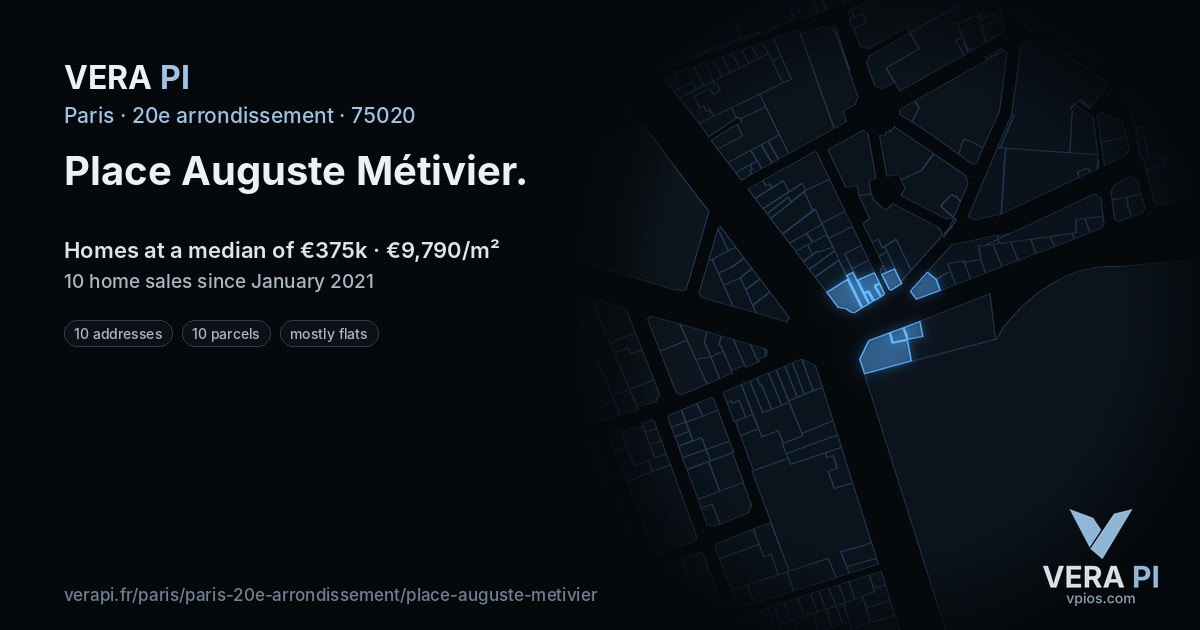 Place Auguste Métivier, 20e arrondissement at night – every parcel coloured by the prices around it, the street's own parcels lit