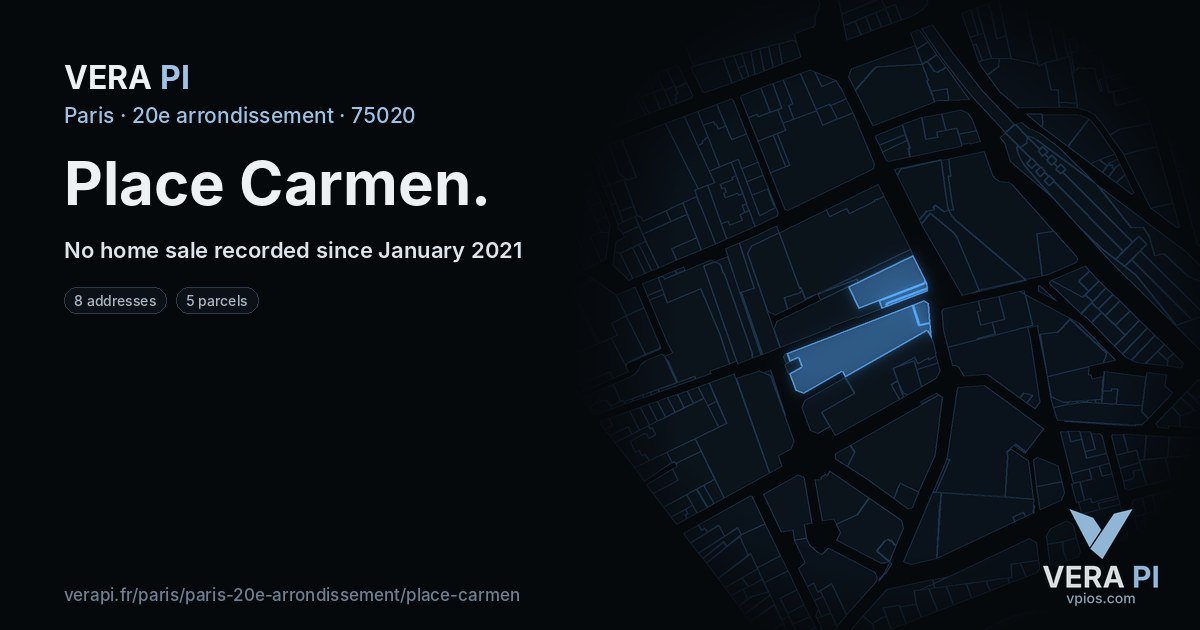 Place Carmen, 20e arrondissement at night – every parcel coloured by the prices around it, the street's own parcels lit