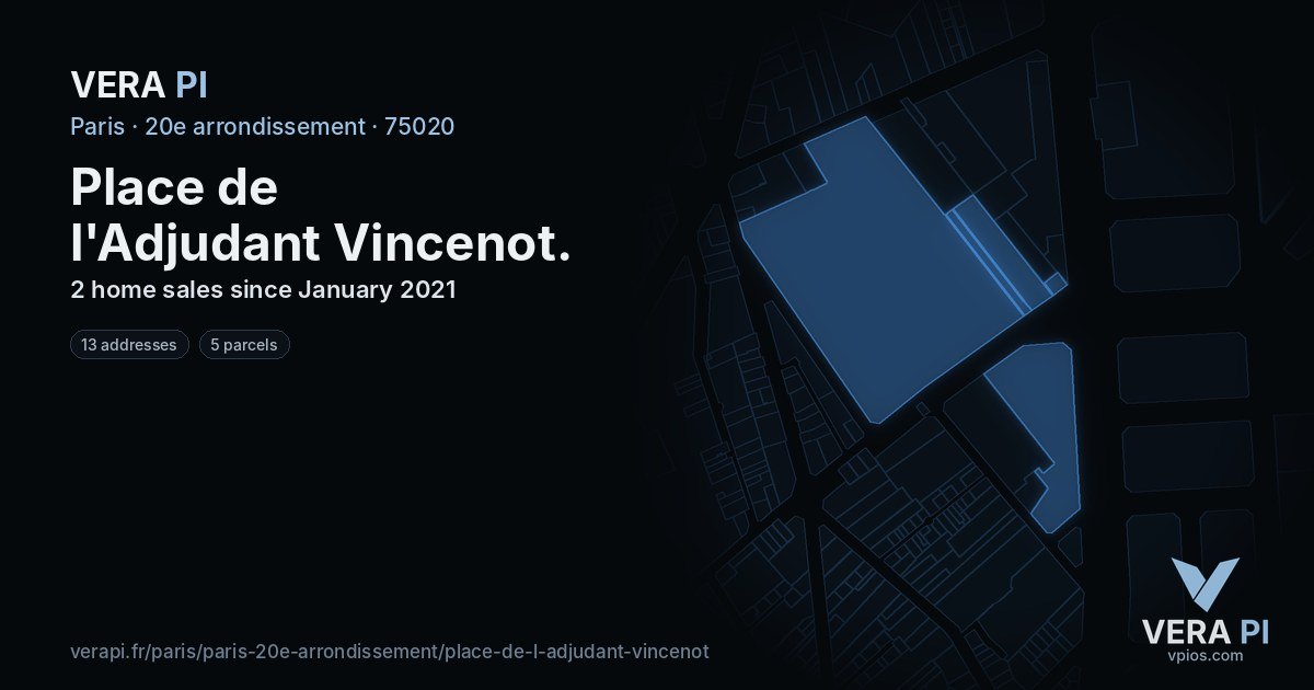 Place de l'Adjudant Vincenot, 20e arrondissement at night – every parcel coloured by the prices around it, the street's own parcels lit