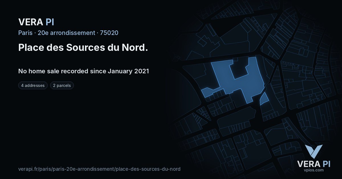 Place des Sources du Nord, 20e arrondissement at night – every parcel coloured by the prices around it, the street's own parcels lit