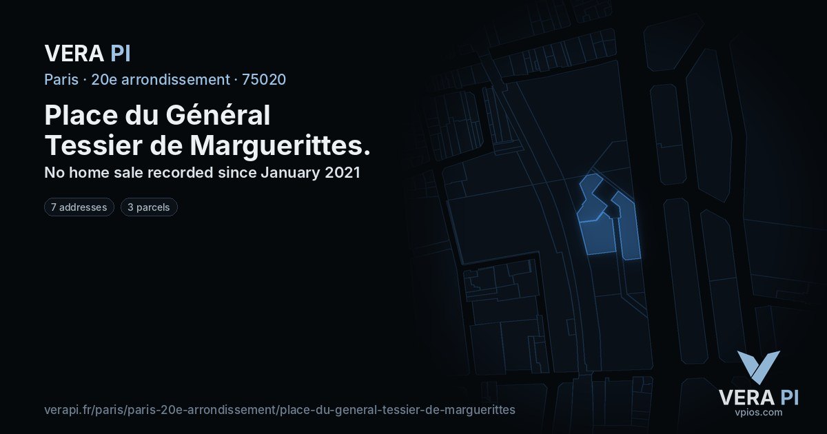 Place du Général Tessier de Marguerittes, 20e arrondissement at night – every parcel coloured by the prices around it, the street's own parcels lit