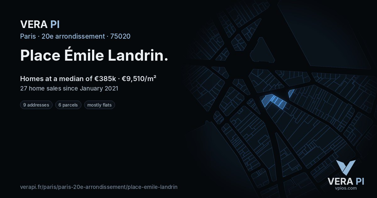 Place Émile Landrin, 20e arrondissement at night – every parcel coloured by the prices around it, the street's own parcels lit