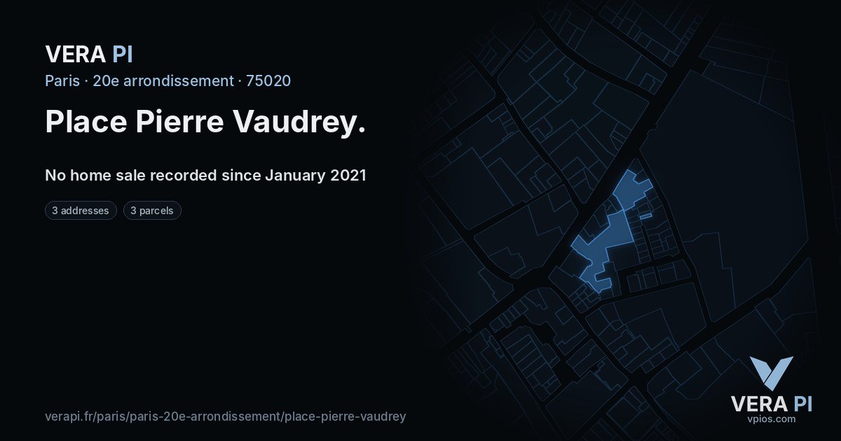 Place Pierre Vaudrey, 20e arrondissement at night – every parcel coloured by the prices around it, the street's own parcels lit