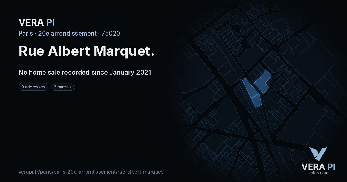 Rue Albert Marquet, 20e arrondissement at night – every parcel coloured by the prices around it, the street's own parcels lit