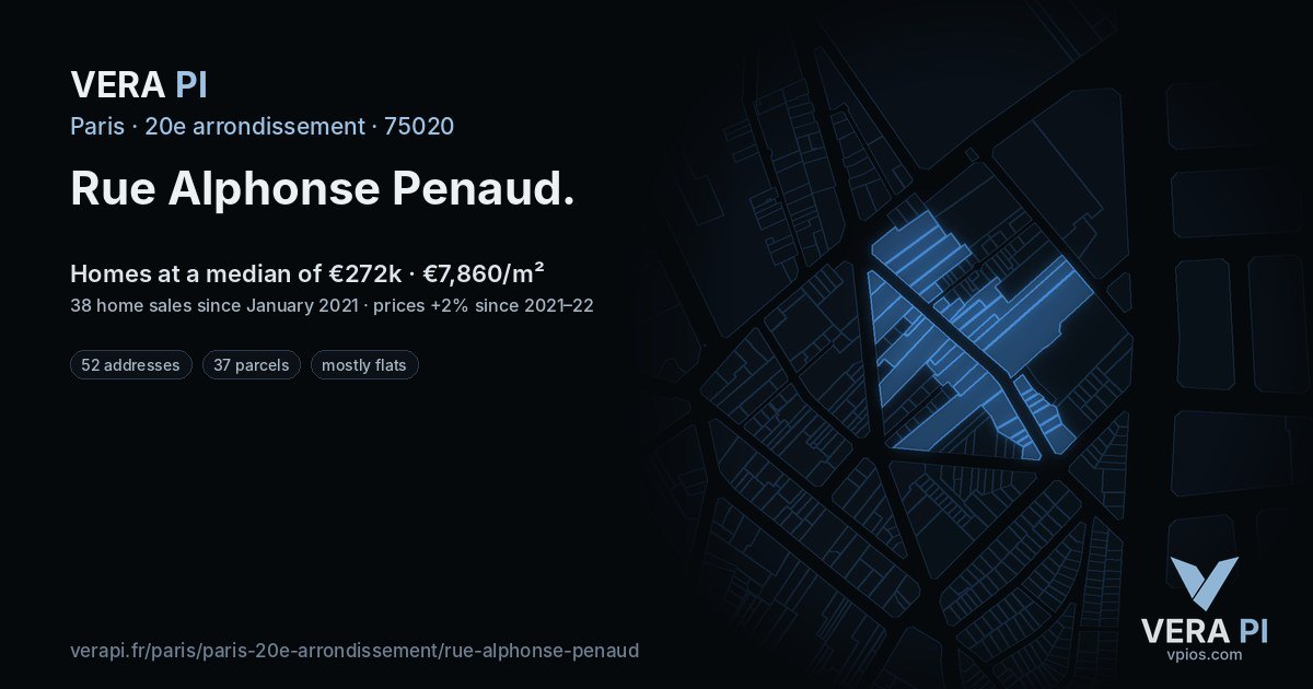 Rue Alphonse Penaud, 20e arrondissement at night – every parcel coloured by the prices around it, the street's own parcels lit