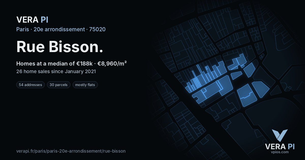 Rue Bisson, 20e arrondissement at night – every parcel coloured by the prices around it, the street's own parcels lit