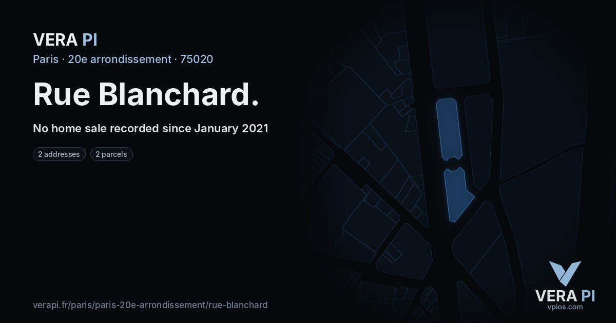 Rue Blanchard, 20e arrondissement at night – every parcel coloured by the prices around it, the street's own parcels lit