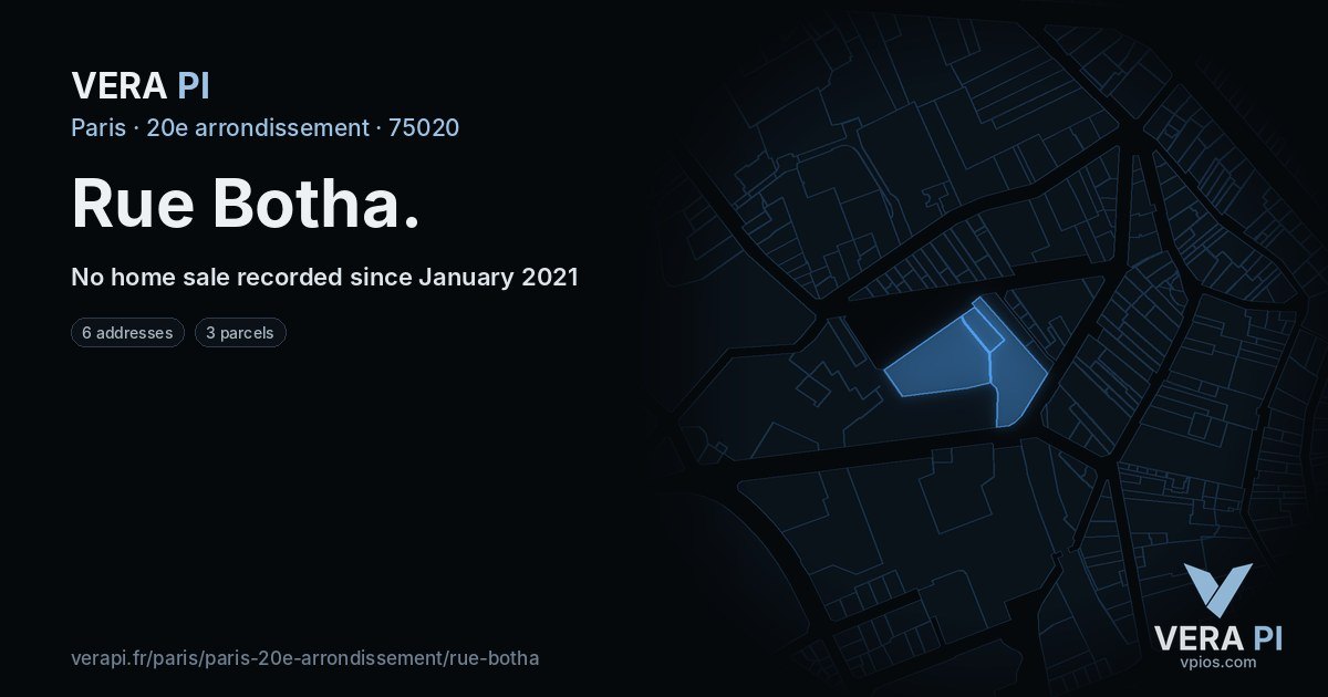 Rue Botha, 20e arrondissement at night – every parcel coloured by the prices around it, the street's own parcels lit
