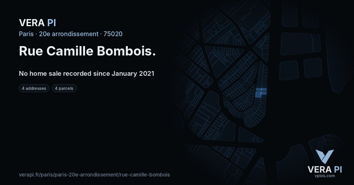 Rue Camille Bombois, 20e arrondissement at night – every parcel coloured by the prices around it, the street's own parcels lit