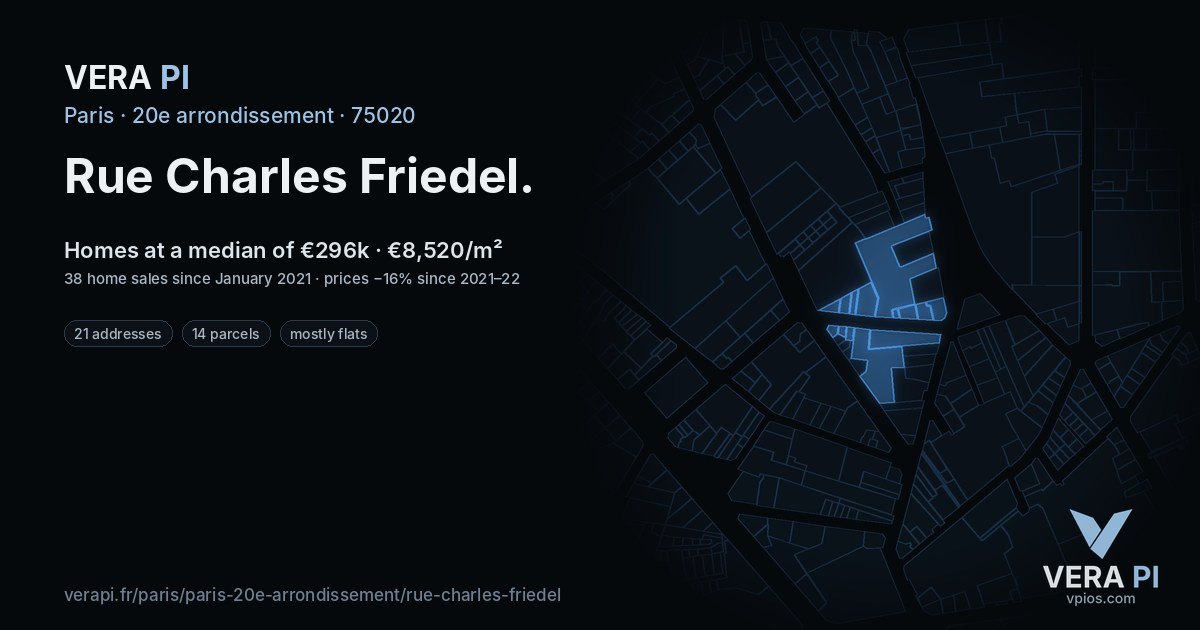 Rue Charles Friedel, 20e arrondissement at night – every parcel coloured by the prices around it, the street's own parcels lit