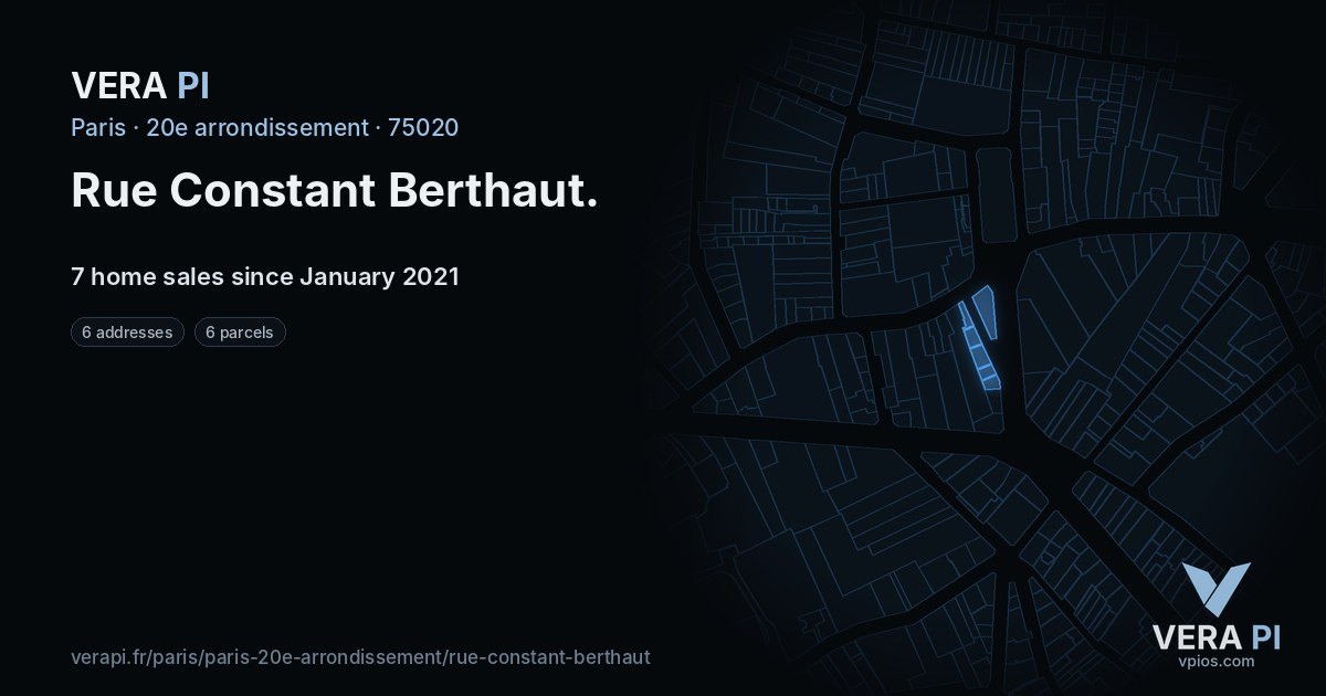 Rue Constant Berthaut, 20e arrondissement at night – every parcel coloured by the prices around it, the street's own parcels lit