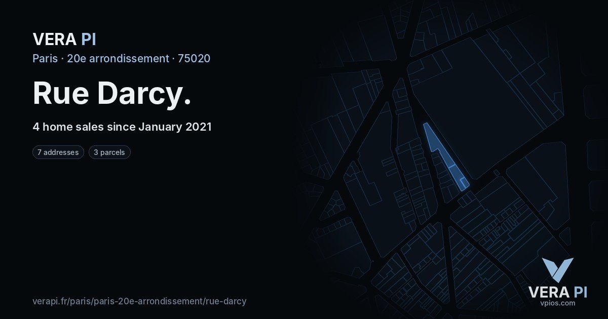 Rue Darcy, 20e arrondissement at night – every parcel coloured by the prices around it, the street's own parcels lit