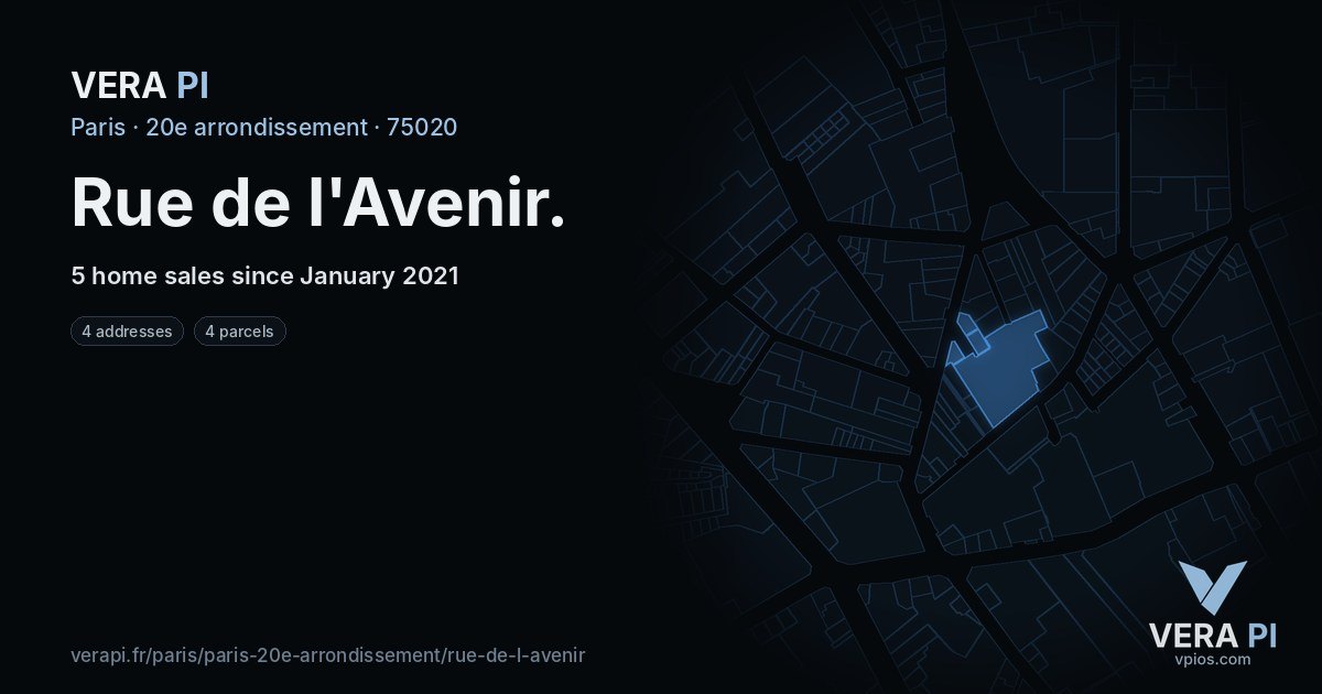 Rue de l'Avenir, 20e arrondissement at night – every parcel coloured by the prices around it, the street's own parcels lit
