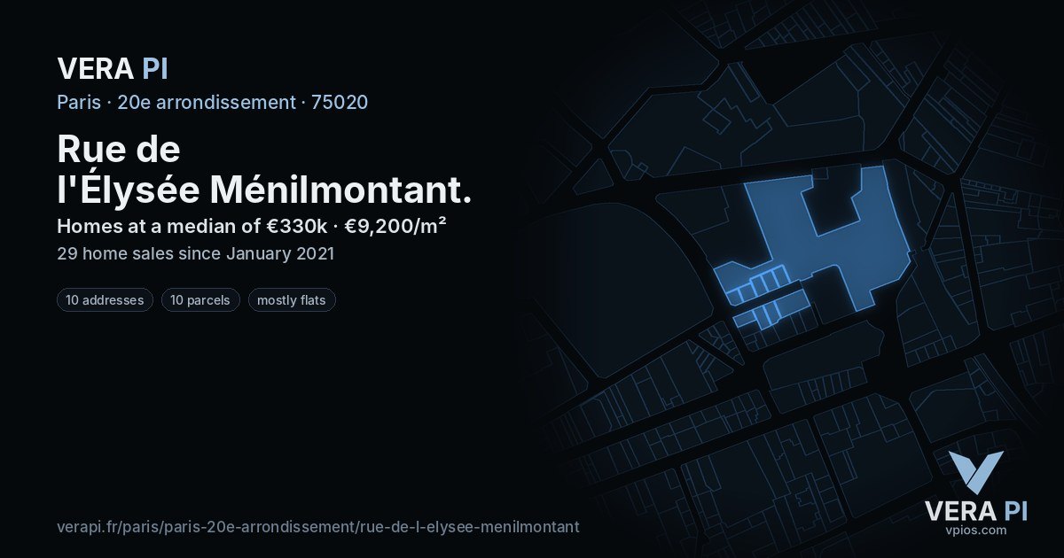 Rue de l'Élysée Ménilmontant, 20e arrondissement at night – every parcel coloured by the prices around it, the street's own parcels lit