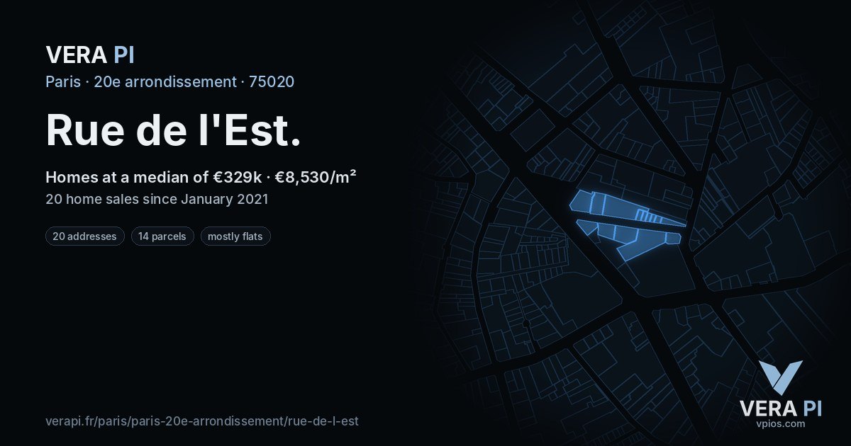 Rue de l'Est, 20e arrondissement at night – every parcel coloured by the prices around it, the street's own parcels lit