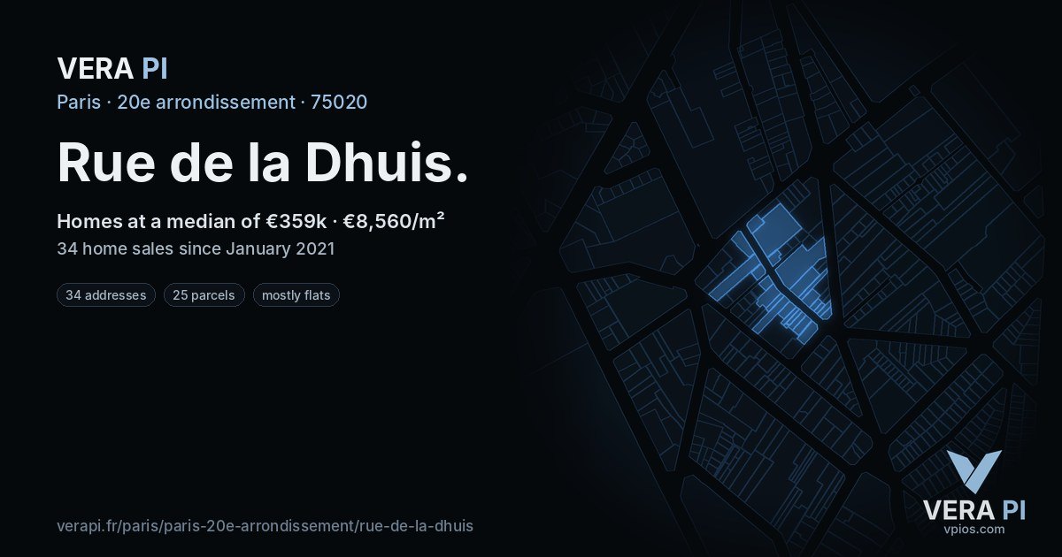 Rue de la Dhuis, 20e arrondissement at night – every parcel coloured by the prices around it, the street's own parcels lit