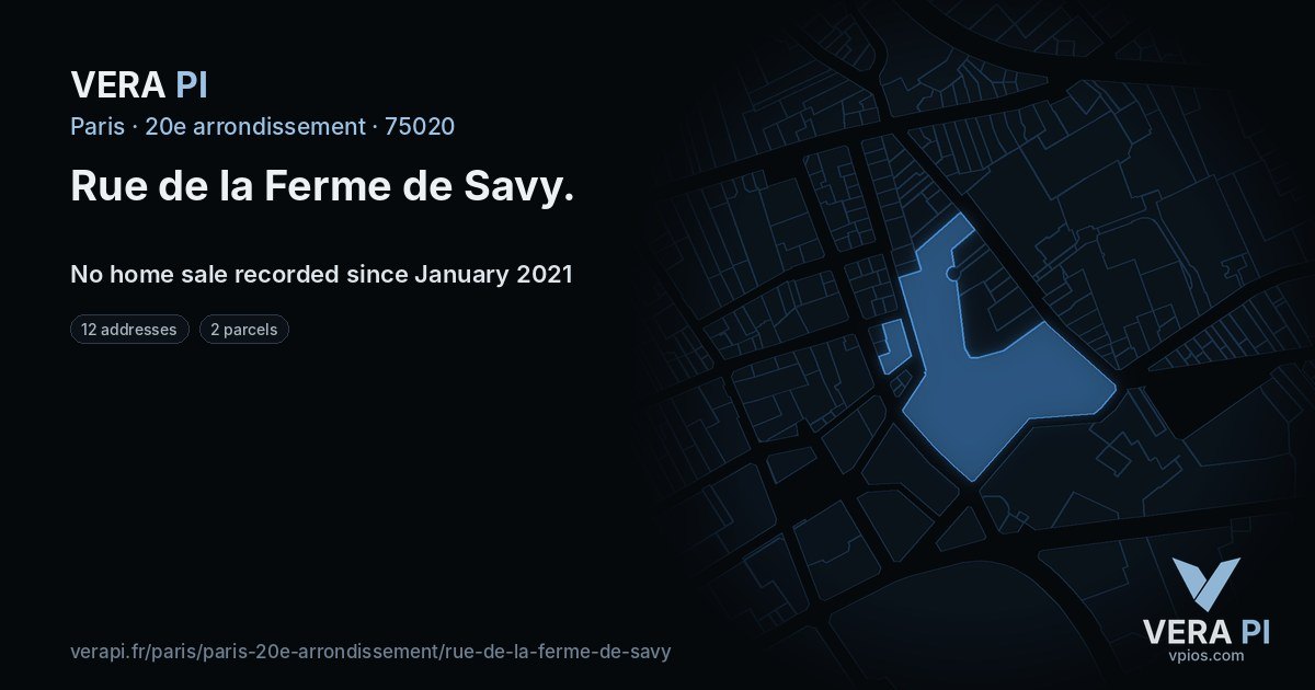 Rue de la Ferme de Savy, 20e arrondissement at night – every parcel coloured by the prices around it, the street's own parcels lit