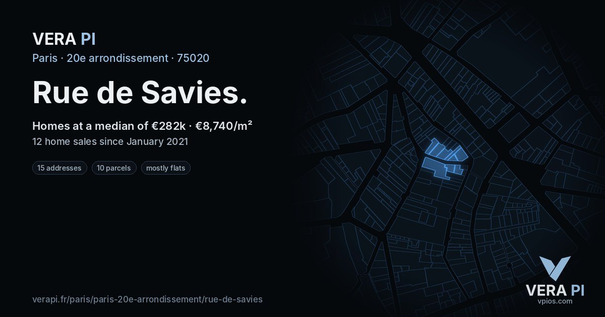 Rue de Savies, 20e arrondissement at night – every parcel coloured by the prices around it, the street's own parcels lit