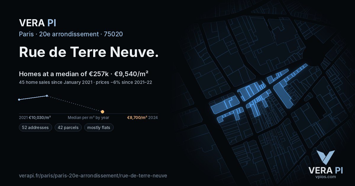 Rue de Terre Neuve, 20e arrondissement at night – every parcel coloured by the prices around it, the street's own parcels lit