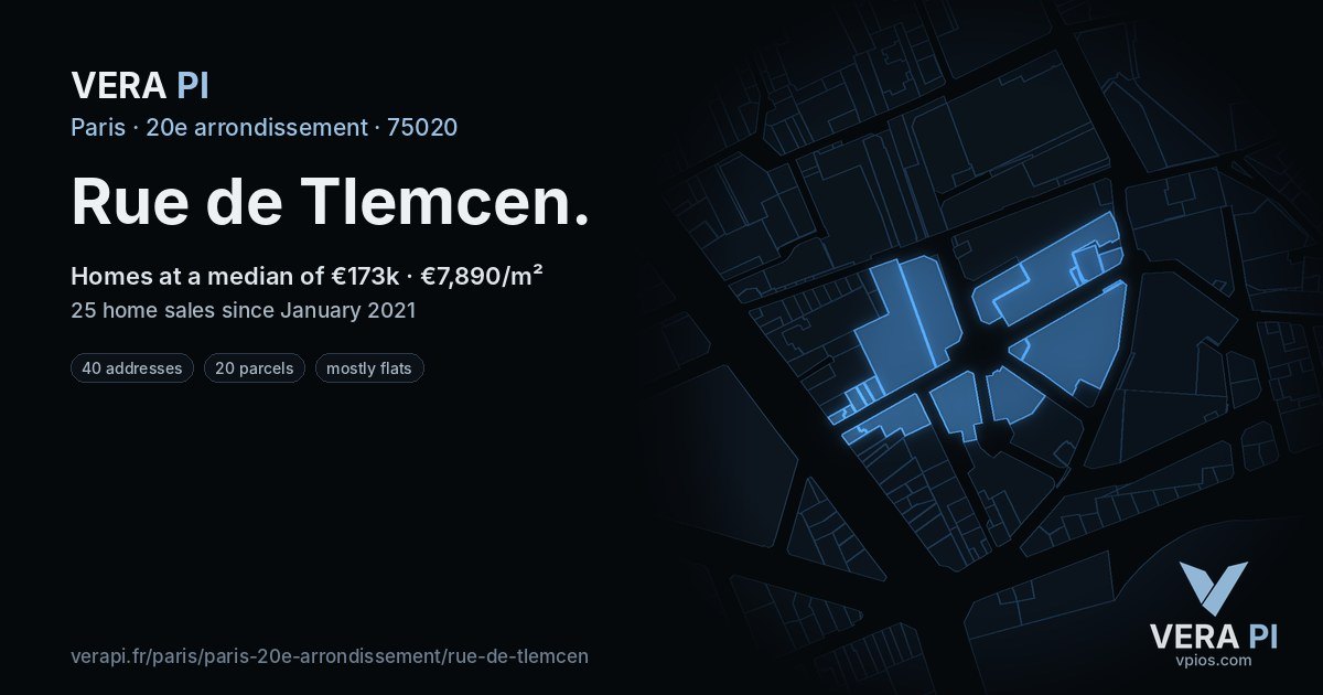 Rue de Tlemcen, 20e arrondissement at night – every parcel coloured by the prices around it, the street's own parcels lit