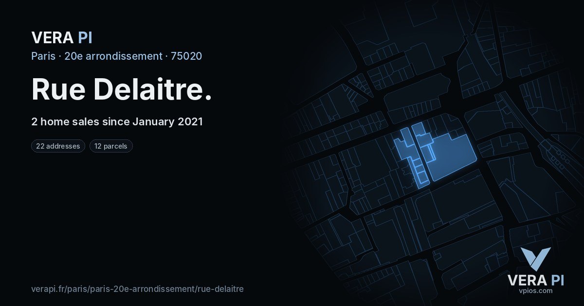 Rue Delaitre, 20e arrondissement at night – every parcel coloured by the prices around it, the street's own parcels lit