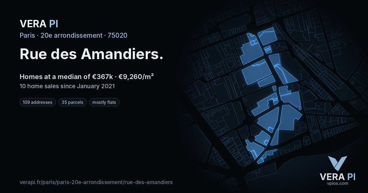 Rue des Amandiers, 20e arrondissement at night – every parcel coloured by the prices around it, the street's own parcels lit