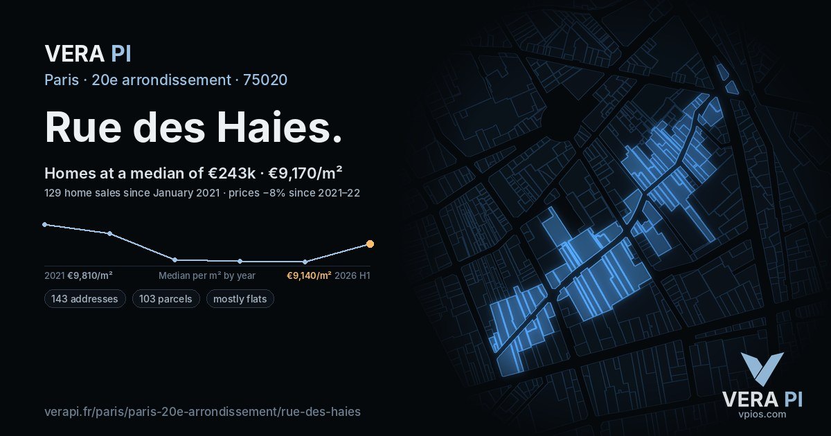 Rue des Haies, 20e arrondissement at night – every parcel coloured by the prices around it, the street's own parcels lit