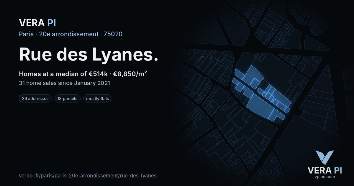 Rue des Lyanes, 20e arrondissement at night – every parcel coloured by the prices around it, the street's own parcels lit