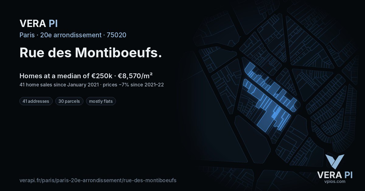 Rue des Montiboeufs, 20e arrondissement at night – every parcel coloured by the prices around it, the street's own parcels lit