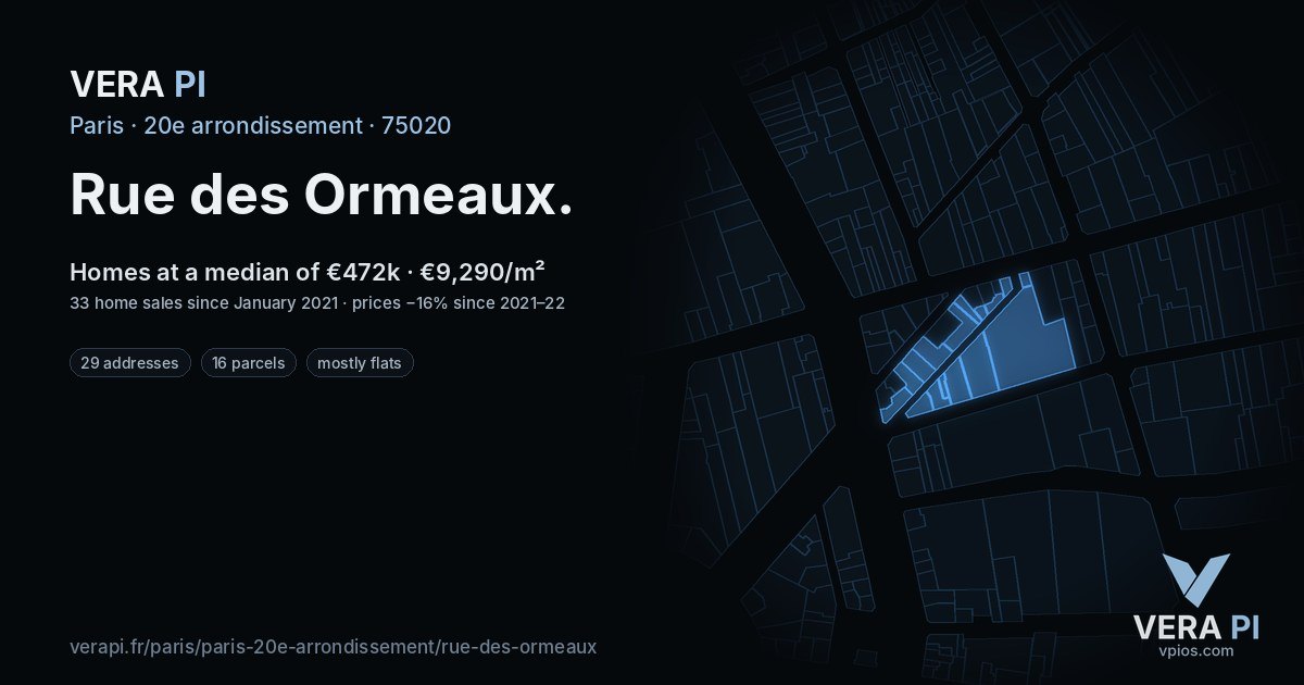 Rue des Ormeaux, 20e arrondissement at night – every parcel coloured by the prices around it, the street's own parcels lit