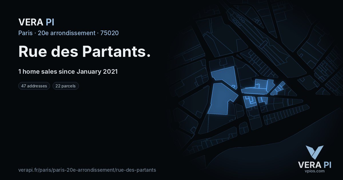 Rue des Partants, 20e arrondissement at night – every parcel coloured by the prices around it, the street's own parcels lit