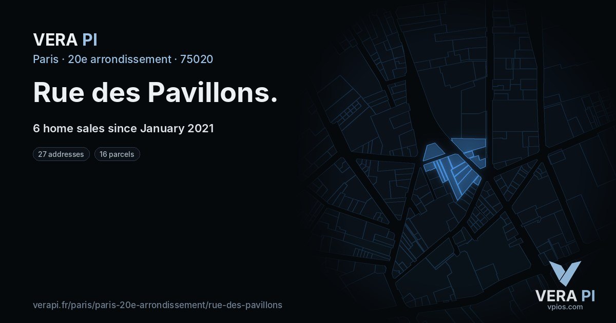 Rue des Pavillons, 20e arrondissement at night – every parcel coloured by the prices around it, the street's own parcels lit