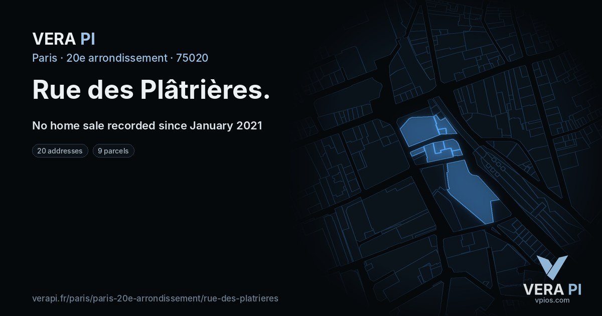 Rue des Plâtrières, 20e arrondissement at night – every parcel coloured by the prices around it, the street's own parcels lit