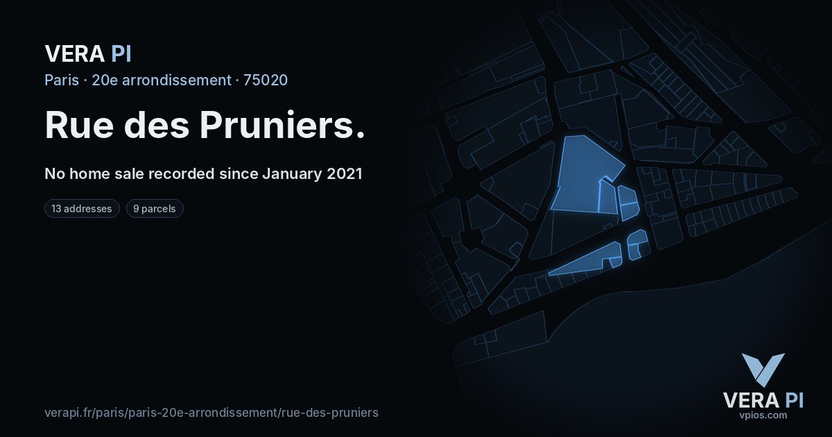 Rue des Pruniers, 20e arrondissement at night – every parcel coloured by the prices around it, the street's own parcels lit