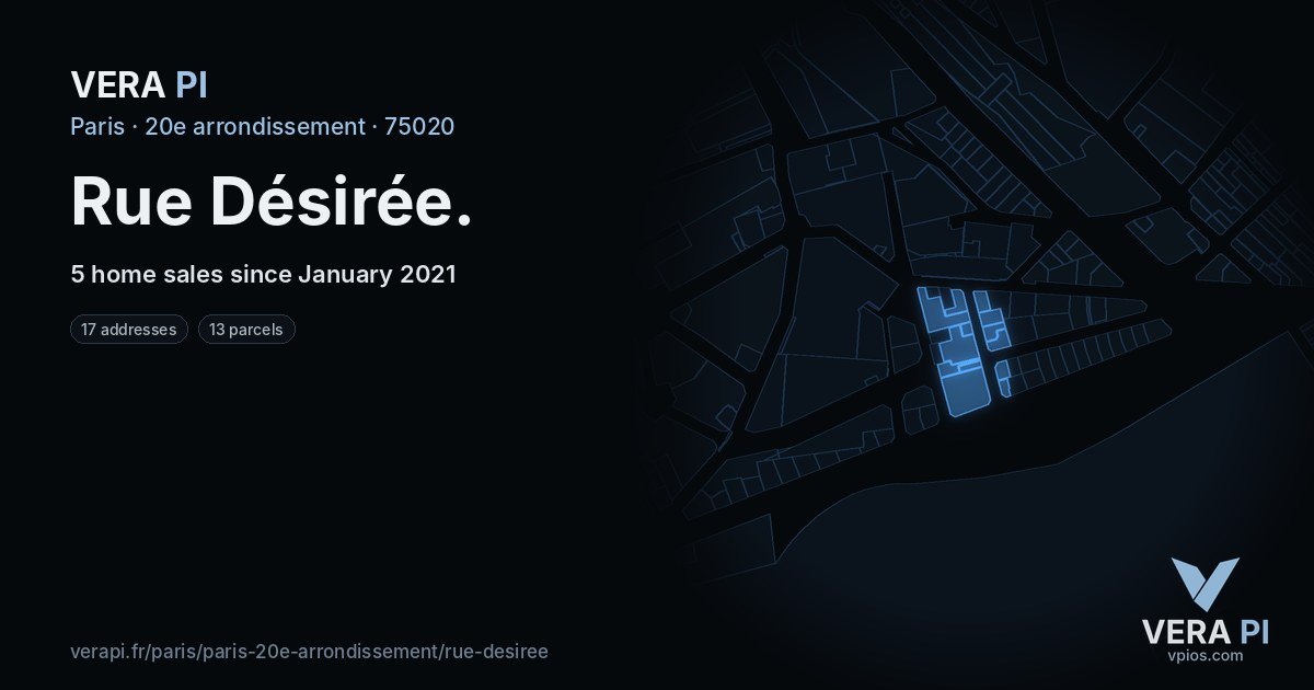 Rue Désirée, 20e arrondissement at night – every parcel coloured by the prices around it, the street's own parcels lit