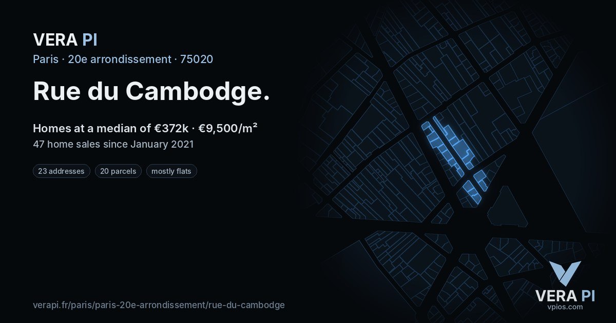Rue du Cambodge, 20e arrondissement at night – every parcel coloured by the prices around it, the street's own parcels lit
