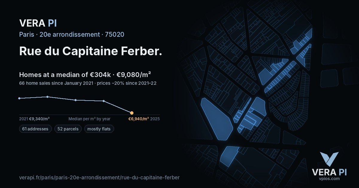 Rue du Capitaine Ferber, 20e arrondissement at night – every parcel coloured by the prices around it, the street's own parcels lit