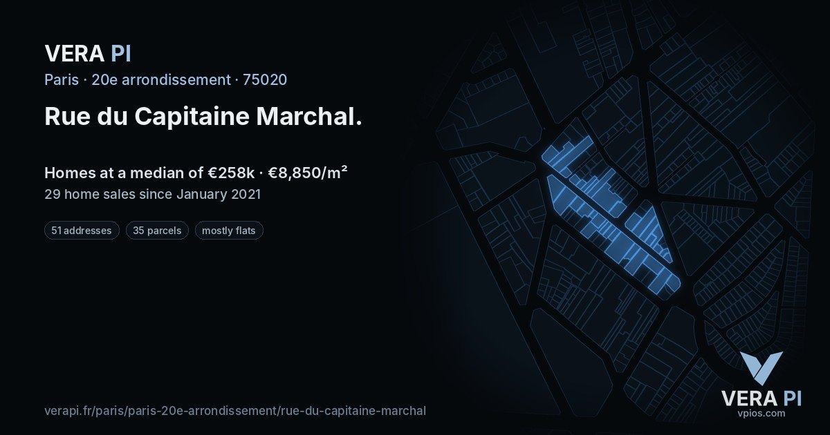 Rue du Capitaine Marchal, 20e arrondissement at night – every parcel coloured by the prices around it, the street's own parcels lit