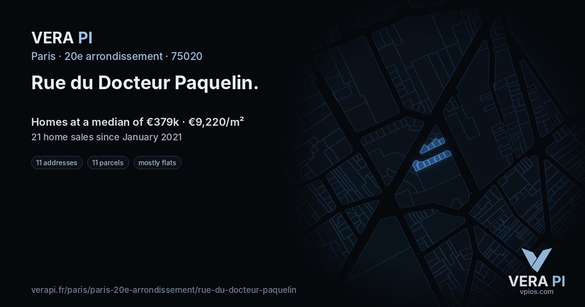 Rue du Docteur Paquelin, 20e arrondissement at night – every parcel coloured by the prices around it, the street's own parcels lit