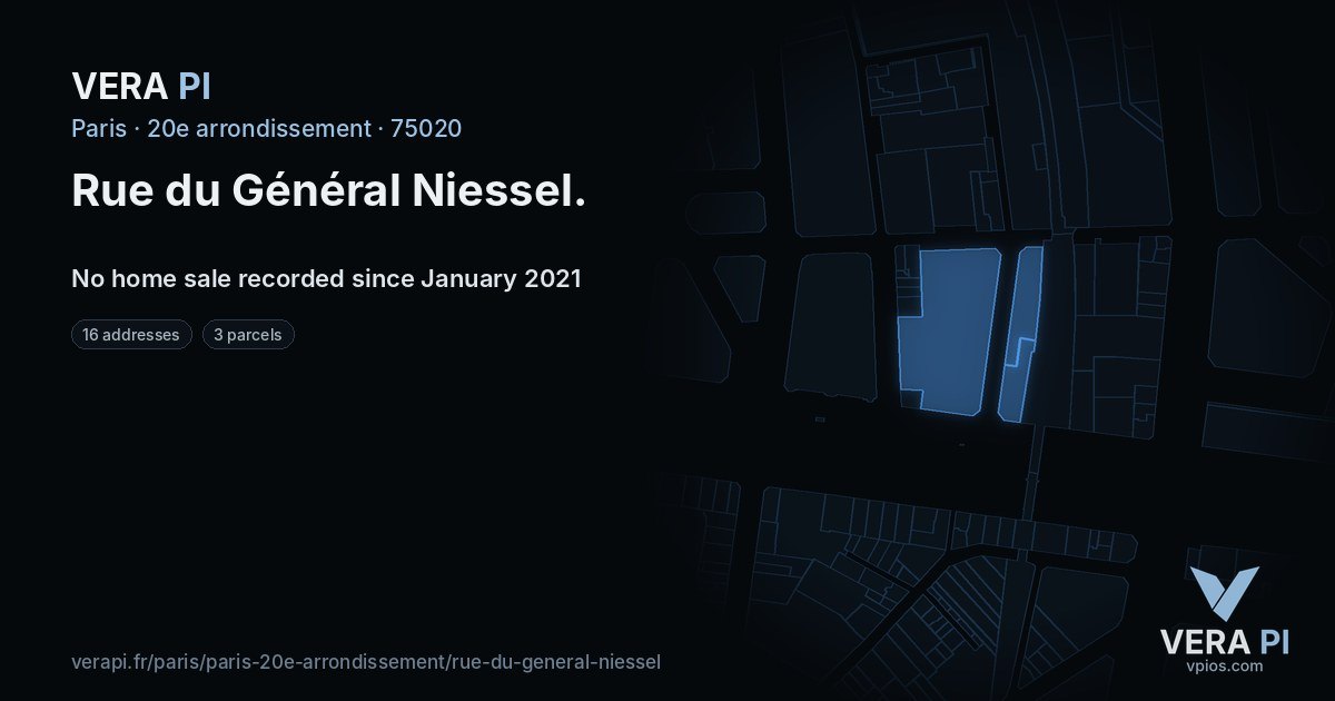 Rue du Général Niessel, 20e arrondissement at night – every parcel coloured by the prices around it, the street's own parcels lit
