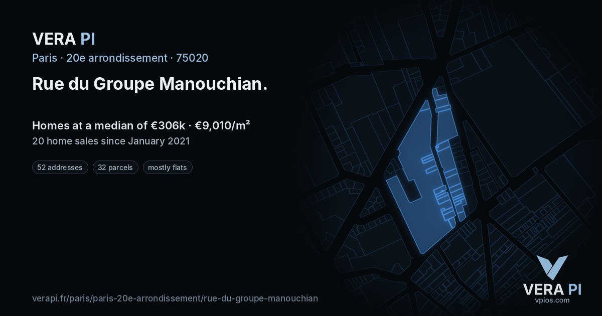 Rue du Groupe Manouchian, 20e arrondissement at night – every parcel coloured by the prices around it, the street's own parcels lit