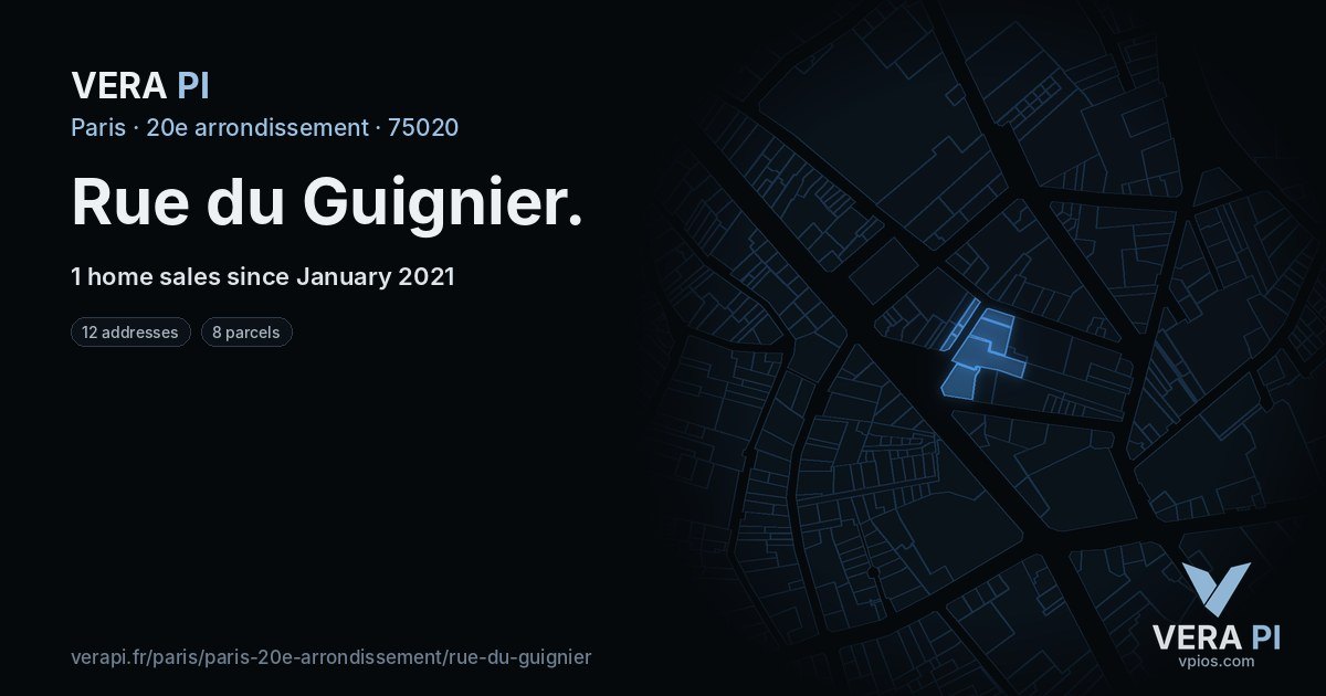 Rue du Guignier, 20e arrondissement at night – every parcel coloured by the prices around it, the street's own parcels lit